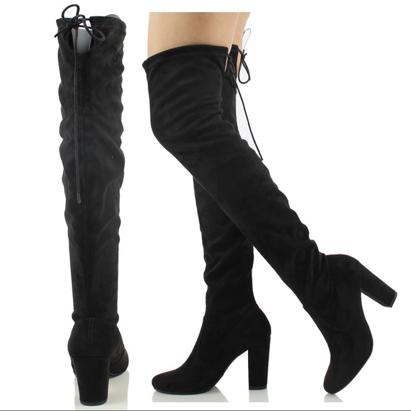 Sexy Black Faux Suede Knee High Block Heel Boot - Picture 4 of 9